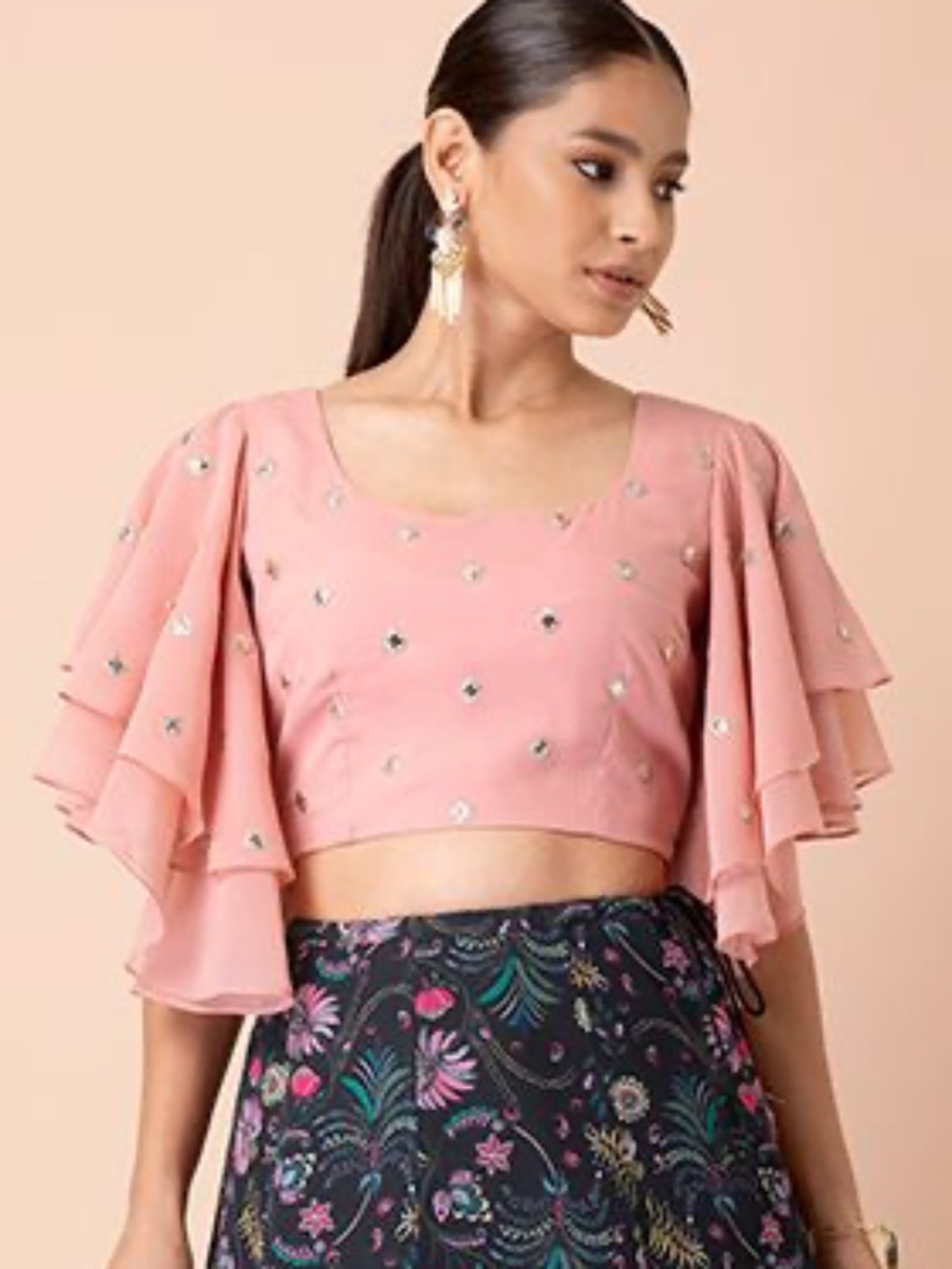 Payal Singhal for Indya Rose Pink Gota Frilled Sleeve Crop Top